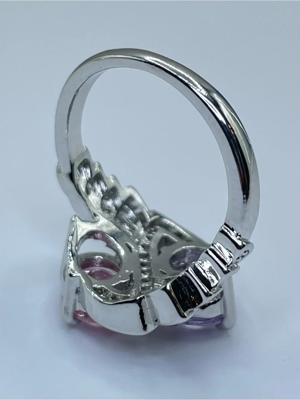 Swarovski Crystal Elements Pink Purple Crystal Art Deco Statement Ring Silver